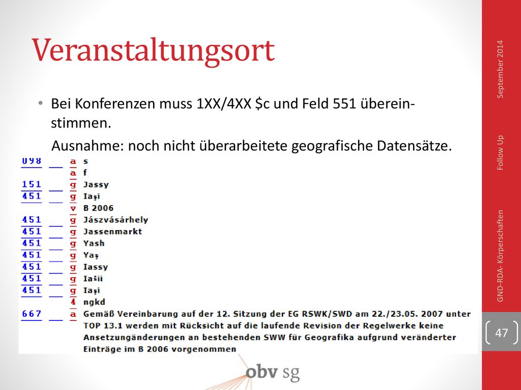 Veranstaltungsort September Bei Konferenzen muss 1XX/4XX $c und Feld 551 über­ein­stimmen.