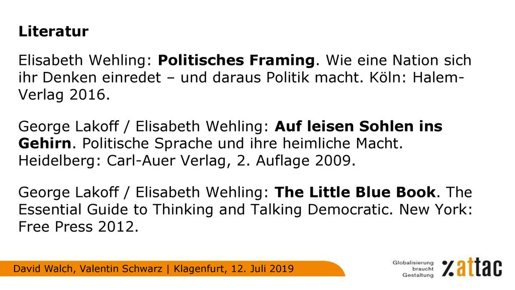 Literatur Elisabeth Wehling: Politisches Framing. Wie eine Nation sich ihr Denken einredet – und daraus Politik macht. Köln: Halem- Verlag