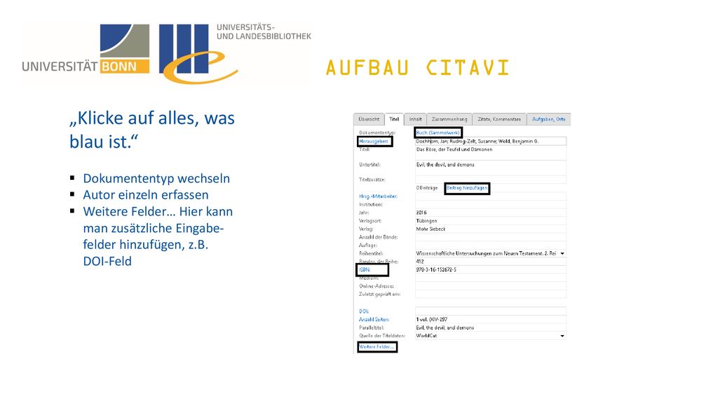 Aufbau Citavi „Klicke auf alles, was blau ist. Dokumententyp wechseln