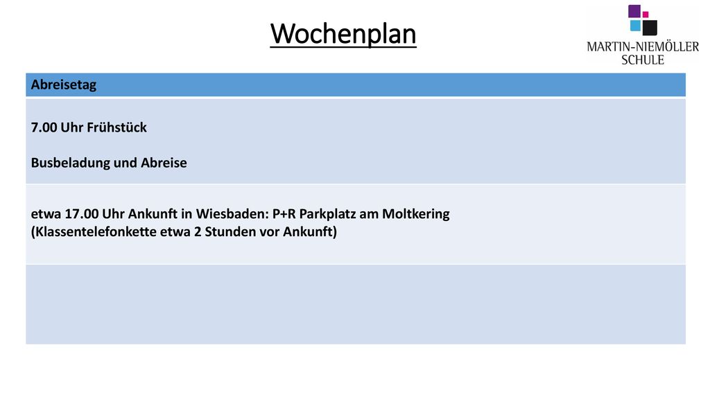 Wochenplan Abreisetag 7.00 Uhr Frühstück Busbeladung und Abreise