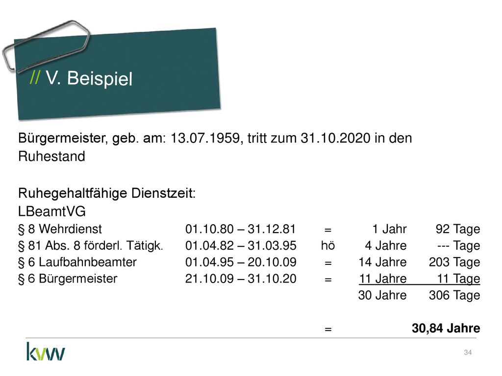 // V. Beispiel Bürgermeister, geb. am: , tritt zum in den Ruhestand. Ruhegehaltfähige Dienstzeit: LBeamtVG.