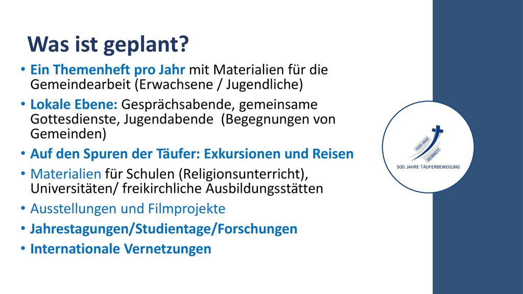 Was ist geplant Ein Themenheft pro Jahr mit Materialien für die Gemeindearbeit (Erwachsene / Jugendliche)