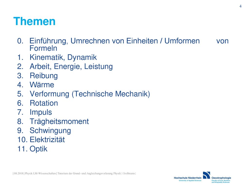 Themen 0. Einführung, Umrechnen von Einheiten / Umformen von Formeln