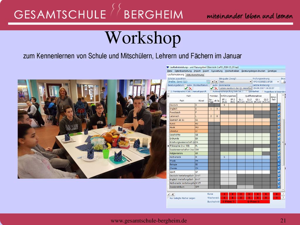 Workshop zum Kennenlernen von Schule und Mitschülern, Lehrern und Fächern im Januar.