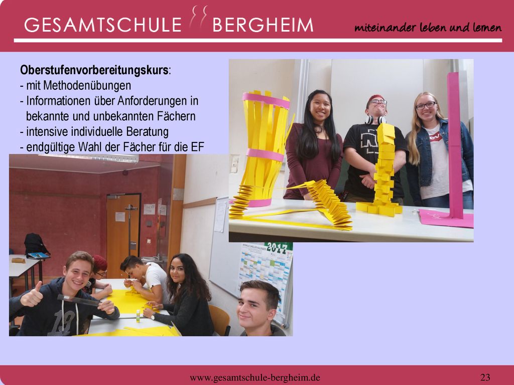 Oberstufenvorbereitungskurs: - mit Methodenübungen - Informationen über Anforderungen in