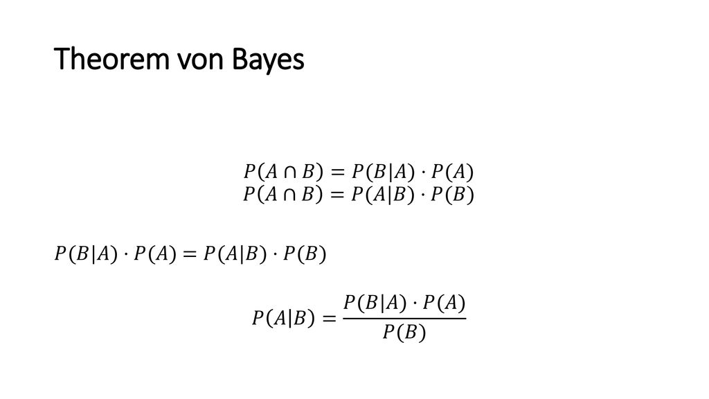 Theorem von Bayes 𝑃 𝐴∩𝐵 =𝑃(𝐵|𝐴)⋅𝑃(𝐴) 𝑃 𝐴∩𝐵 =𝑃(𝐴|𝐵)⋅𝑃(𝐵) 𝑃(𝐵|𝐴)⋅𝑃(𝐴) =𝑃(𝐴|𝐵)⋅𝑃(𝐵) 𝑃 𝐴 𝐵 = 𝑃(𝐵|𝐴)⋅𝑃(𝐴) 𝑃(𝐵)
