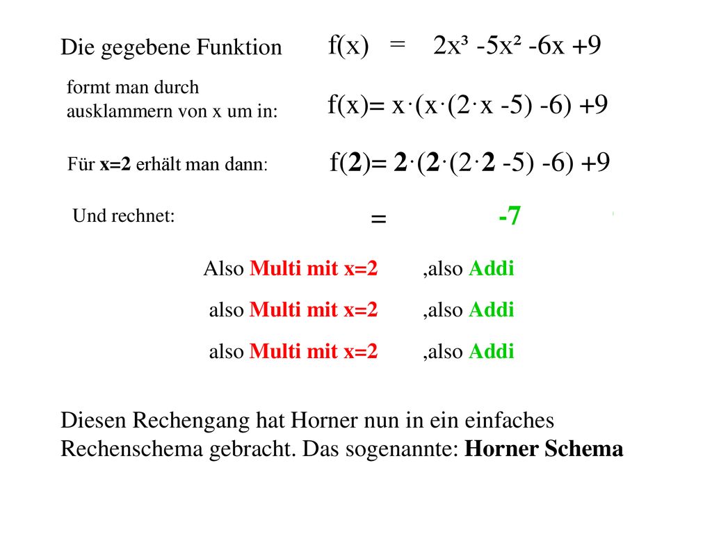 f(x) = 2x³ -5x² -6x +9 f(x)= x·(x·(2·x -5) -6) +9