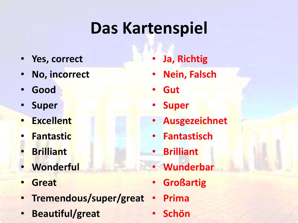 Das Kartenspiel Yes, correct No, incorrect Good Super Excellent