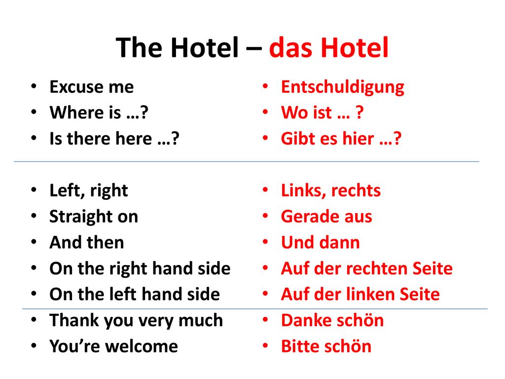 The Hotel – das Hotel Excuse me Where is … Is there here …