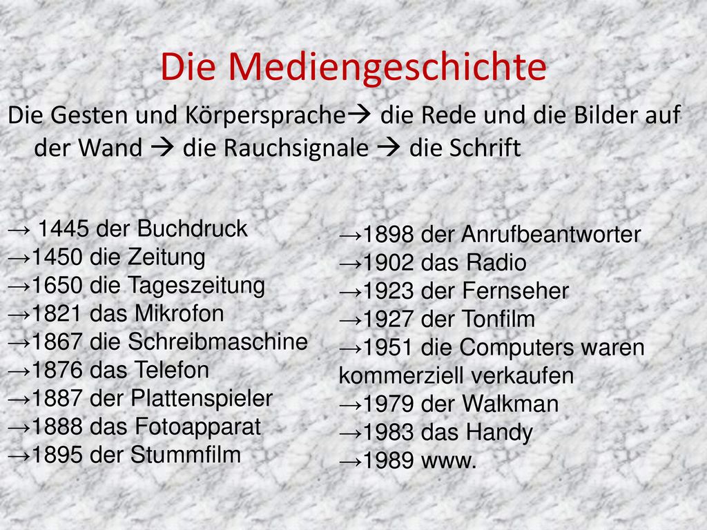 Die Mediengeschichte Die Gesten und Körpersprache die Rede und die Bilder auf der Wand  die Rauchsignale  die Schrift.