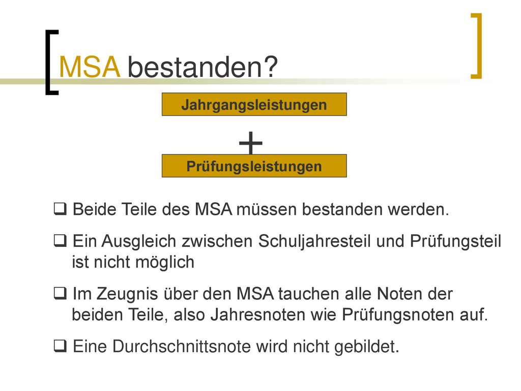 + MSA bestanden Beide Teile des MSA müssen bestanden werden.