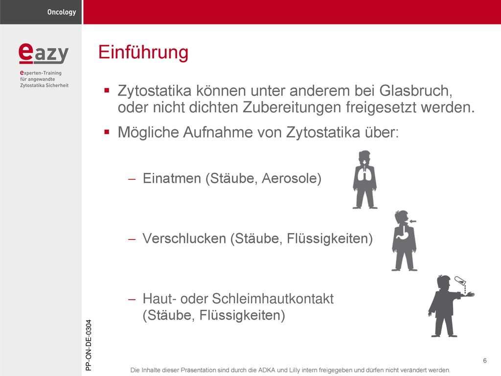 Einführung Zytostatika können unter anderem bei Glasbruch, oder nicht dichten Zubereitungen freigesetzt werden.