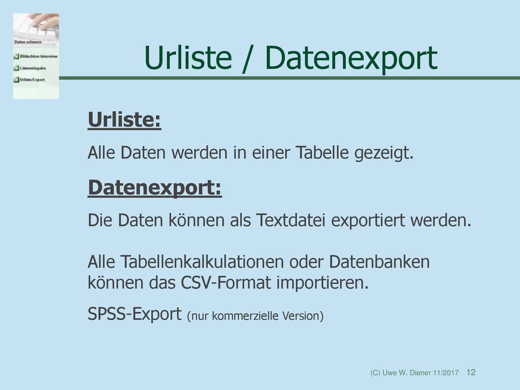 Urliste / Datenexport Urliste: Datenexport: