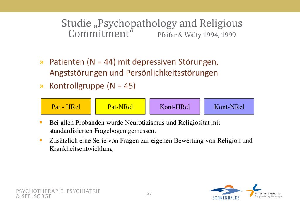Studie „Psychopathology and Religious Commitment Pfeifer & Wälty 1994, 1999