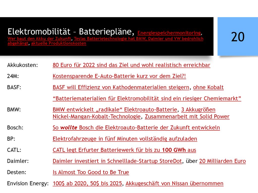Elektromobilität – Batteriepläne, Energiespeichermonitoring, Wer baut den Akku der Zukunft, Teslas Batterietechnologie hat BMW, Daimler und VW bedrohlich abgehängt, aktuelle Produktionskosten