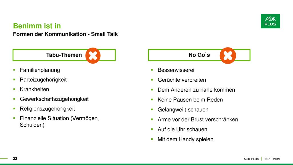 Benimm ist in Formen der Kommunikation - Small Talk Tabu-Themen