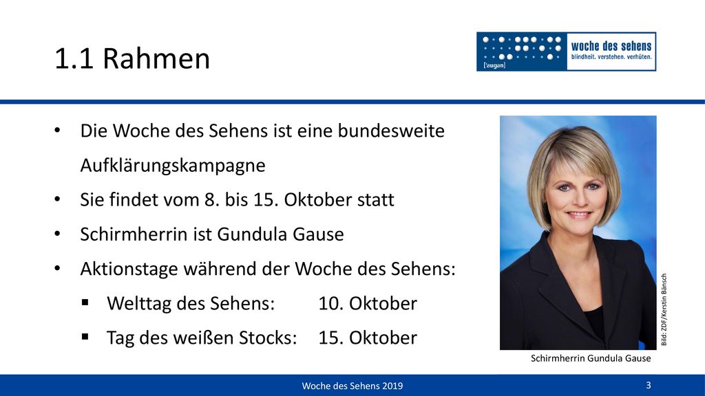 1.1 Rahmen Die Woche des Sehens ist eine bundesweite Aufklärungskampagne. Sie findet vom 8. bis 15. Oktober statt.