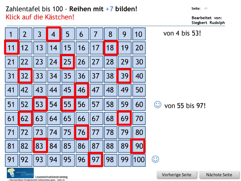  von 55 bis 97!  Zahlentafel bis 100 – Reihen mit +7 bilden!