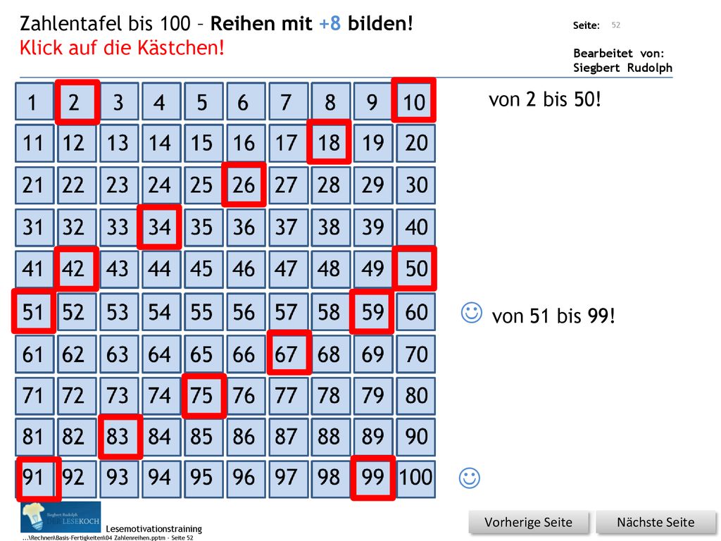  von 51 bis 99!  Zahlentafel bis 100 – Reihen mit +8 bilden!