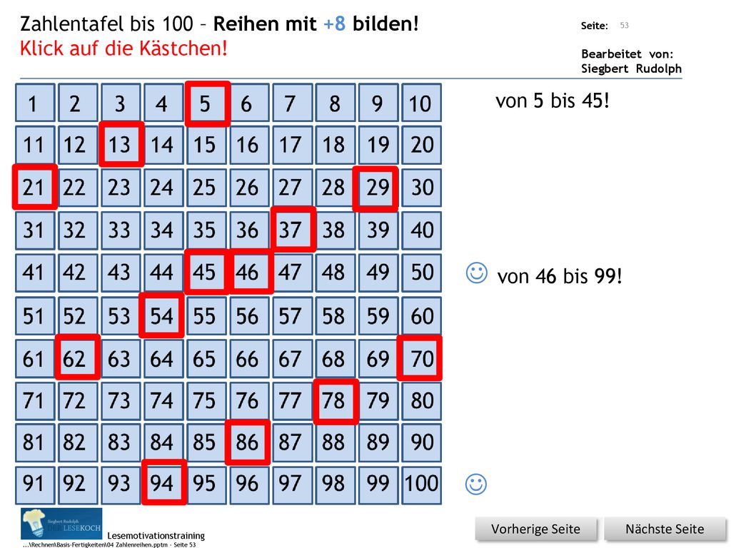  von 46 bis 99!  Zahlentafel bis 100 – Reihen mit +8 bilden!
