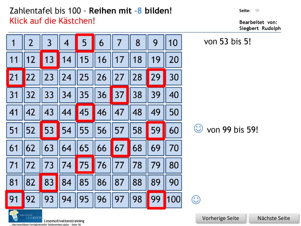  von 99 bis 59!  Zahlentafel bis 100 – Reihen mit -8 bilden!