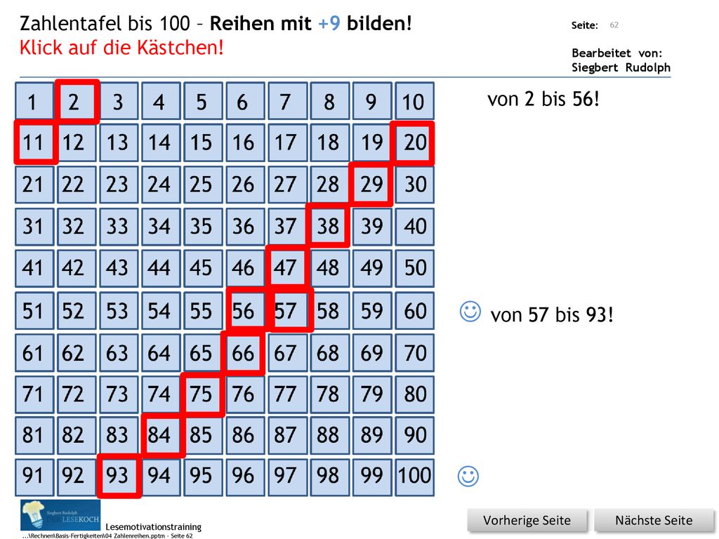  von 57 bis 93!  Zahlentafel bis 100 – Reihen mit +9 bilden!