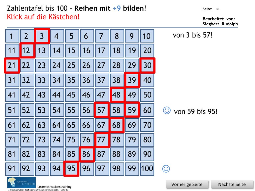 von 59 bis 95!  Zahlentafel bis 100 – Reihen mit +9 bilden!