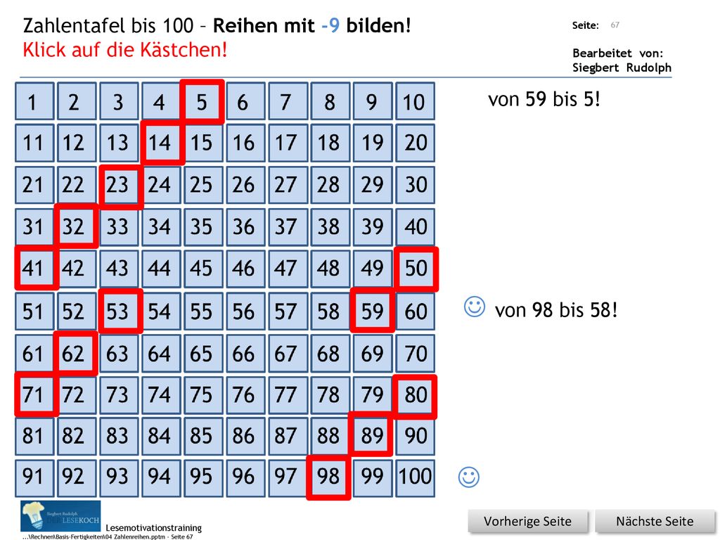  von 98 bis 58!  Zahlentafel bis 100 – Reihen mit -9 bilden!