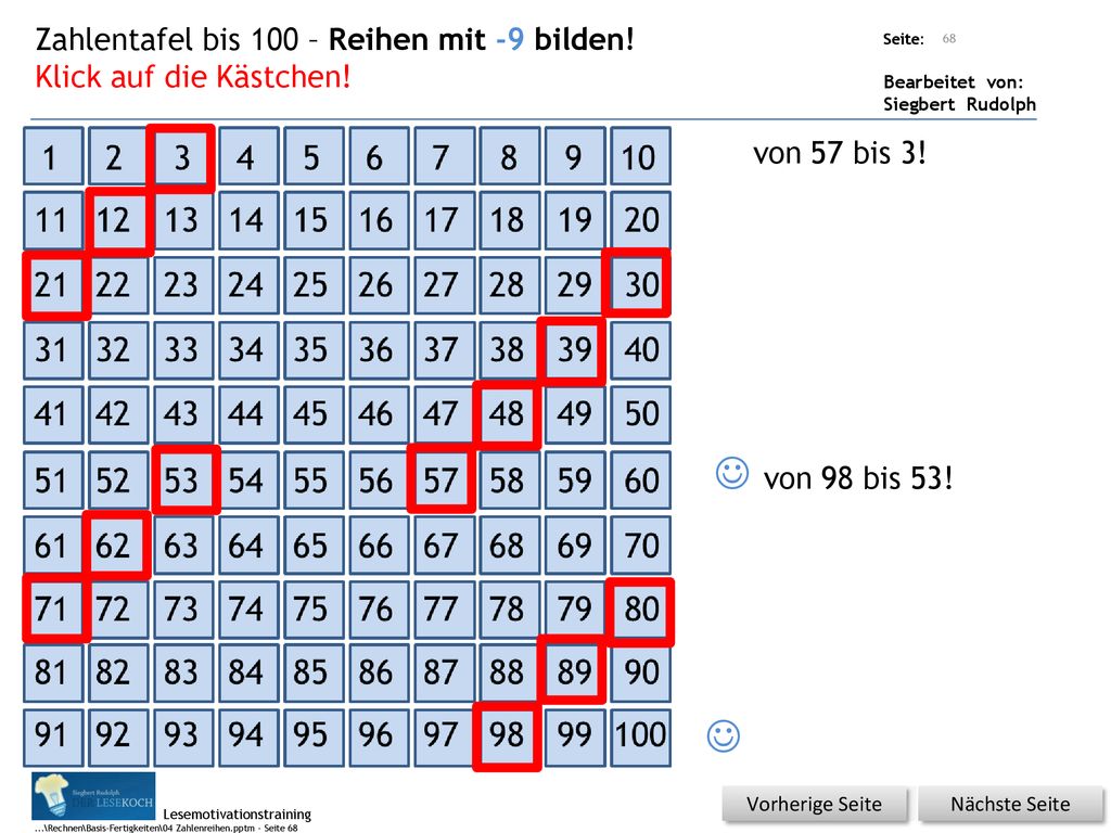  von 98 bis 53!  Zahlentafel bis 100 – Reihen mit -9 bilden!