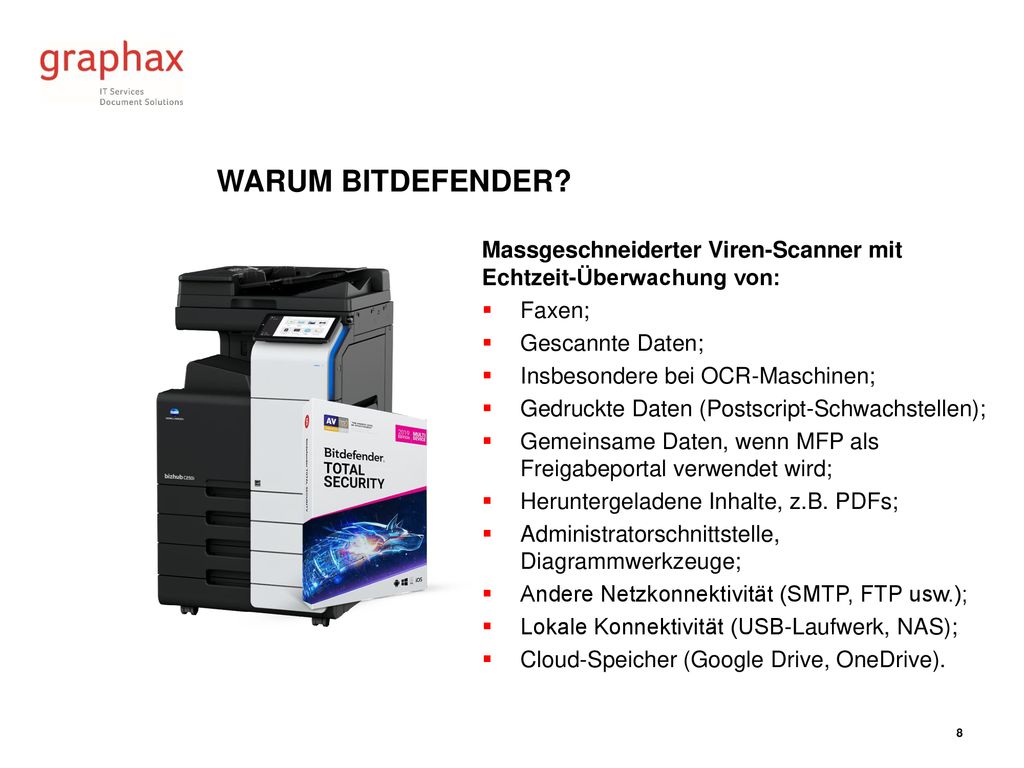 Warum bitdefender Massgeschneiderter Viren-Scanner mit Echtzeit-Überwachung von: Faxen; Gescannte Daten;
