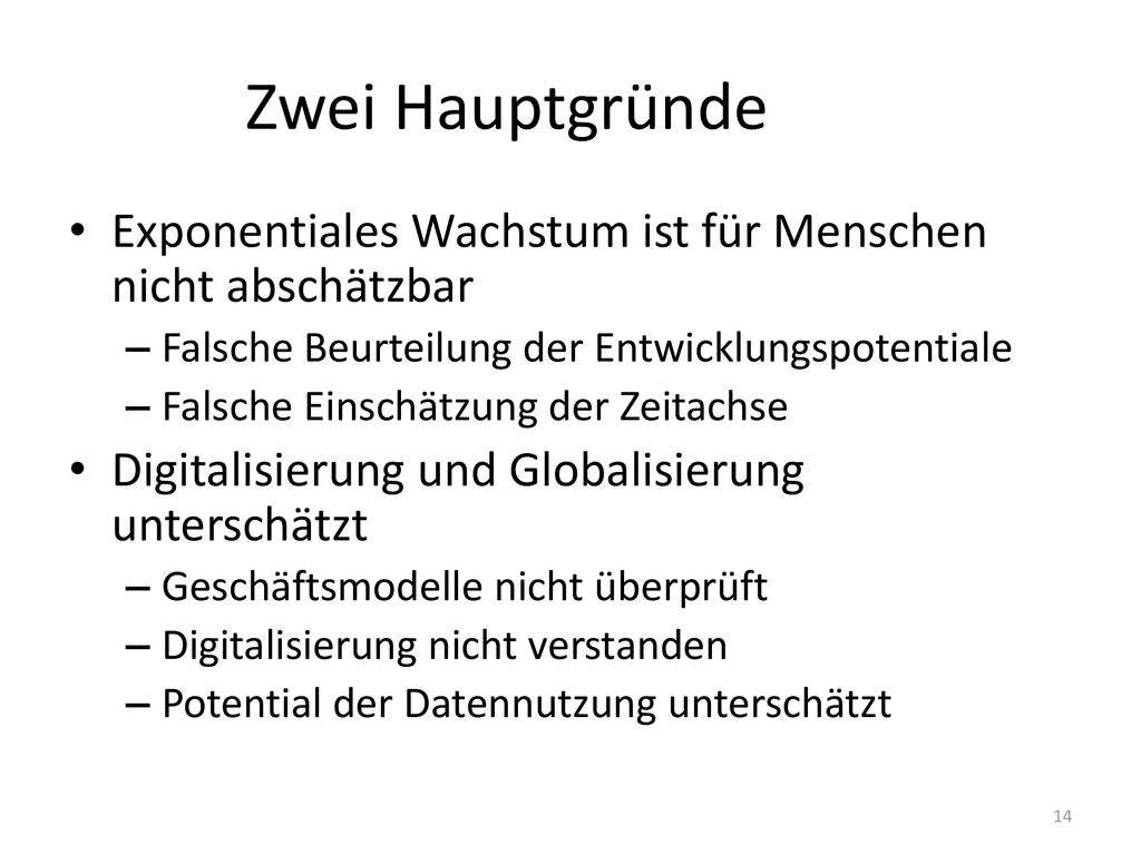 Zwei Hauptgründe Exponentiales Wachstum ist für Menschen nicht abschätzbar. Falsche Beurteilung der Entwicklungspotentiale.