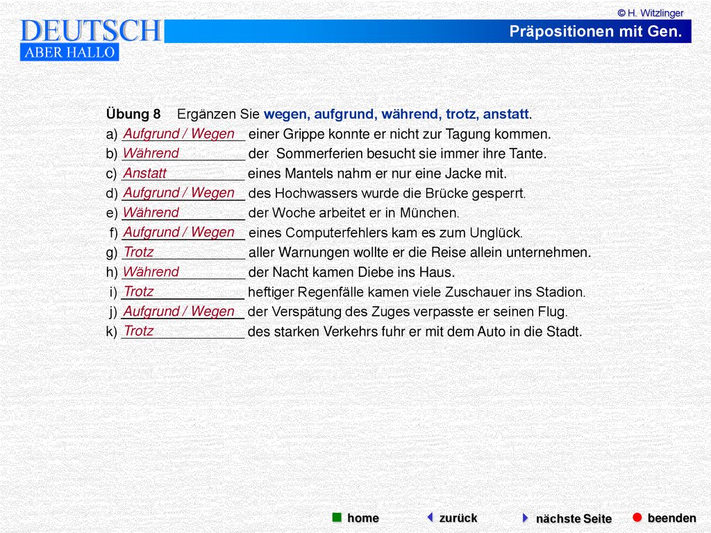 Präpositionen mit Gen.  beenden  nächste Seite  home zurück