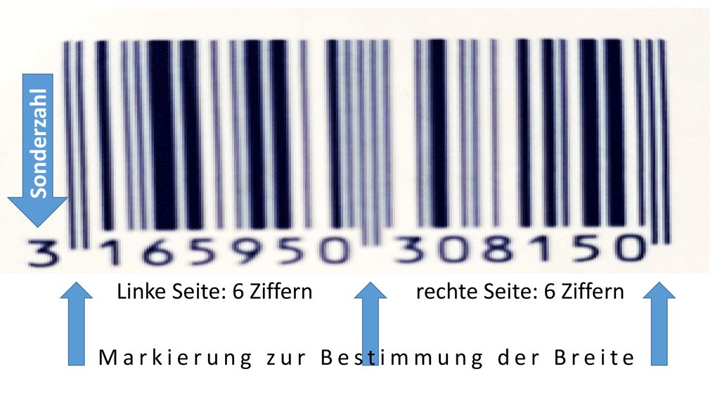 Sonderzahl Linke Seite: 6 Ziffern rechte Seite: 6 Ziffern Markierung zur Bestimmung der Breite