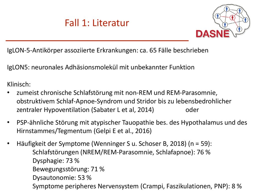 Fall 1: Literatur IgLON-5-Antikörper assoziierte Erkrankungen: ca. 65 Fälle beschrieben.