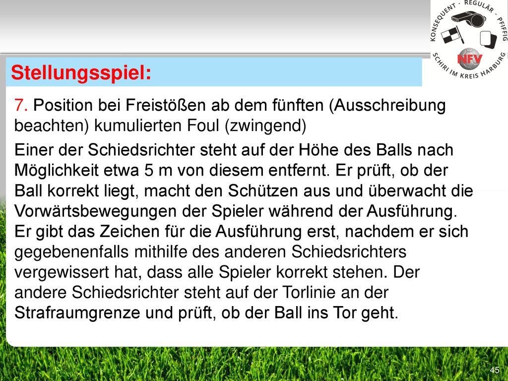 Stellungsspiel: 7. Position bei Freistößen ab dem fünften (Ausschreibung beachten) kumulierten Foul (zwingend)