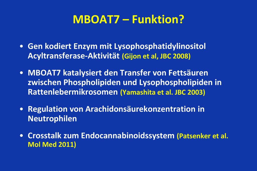 MBOAT7 – Funktion Gen kodiert Enzym mit Lysophosphatidylinositol Acyltransferase-Aktivität (Gijon et al, JBC 2008)