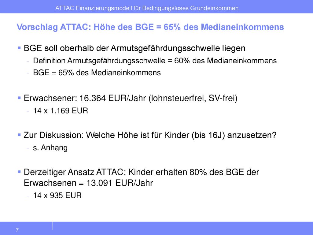 Vorschlag ATTAC: Höhe des BGE = 65% des Medianeinkommens
