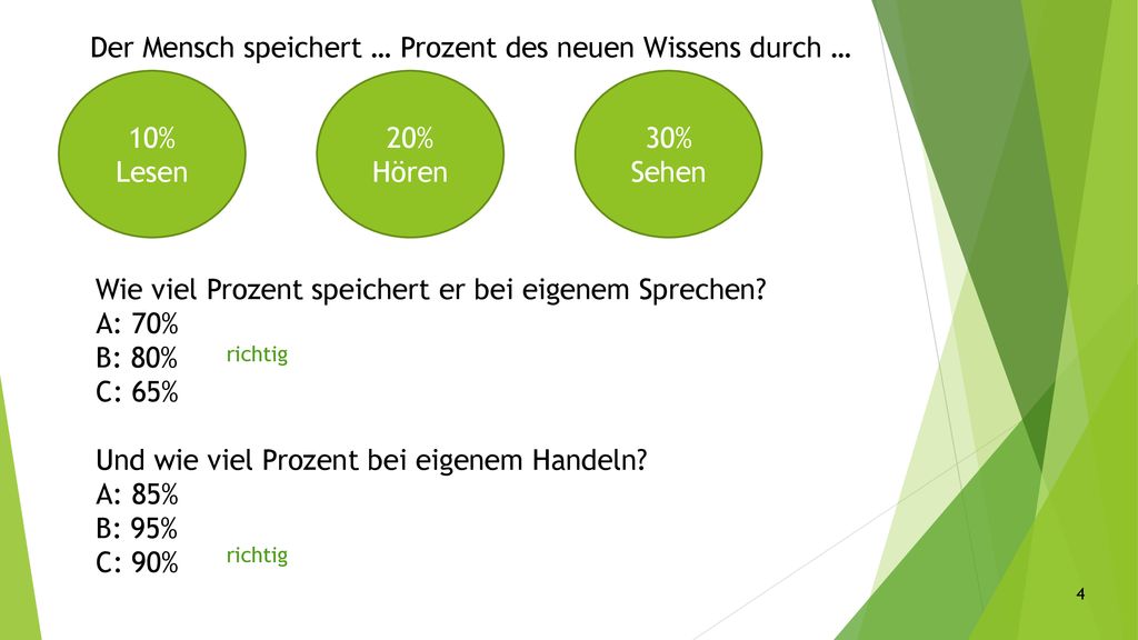 Der Mensch speichert … Prozent des neuen Wissens durch …