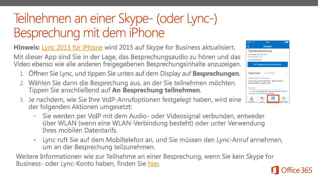 Teilnehmen an einer Skype- (oder Lync-) Besprechung mit dem iPhone