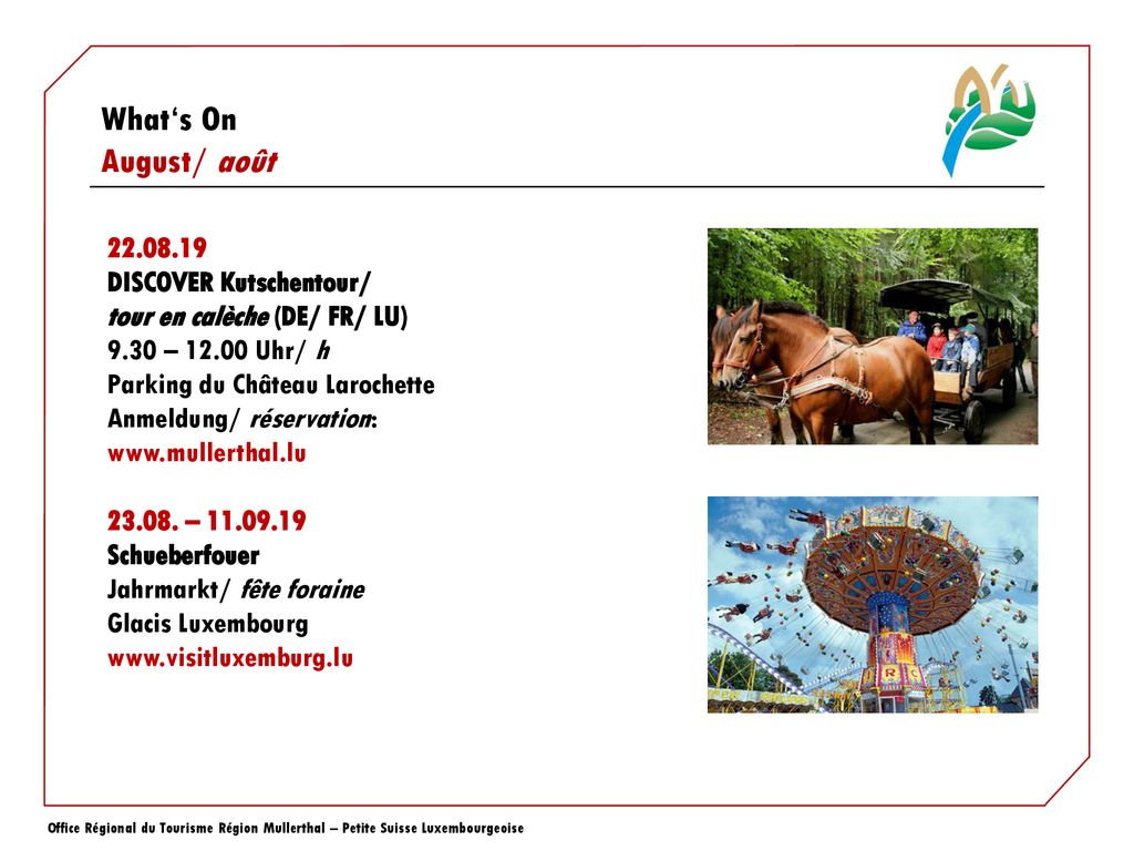 DISCOVER Kutschentour/ tour en calèche (DE/ FR/ LU) 9.30 – Uhr/ h. Parking du Château Larochette.