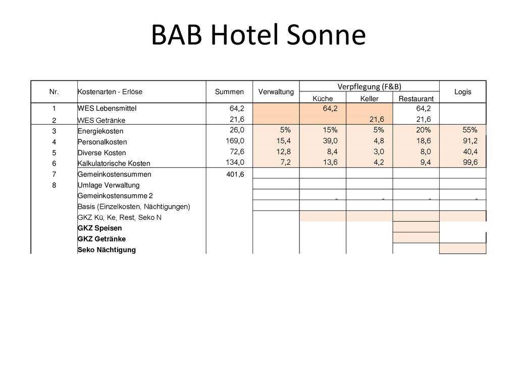BAB Hotel Sonne Verpflegung (F&B) Nr. Kostenarten - Erlöse Summen
