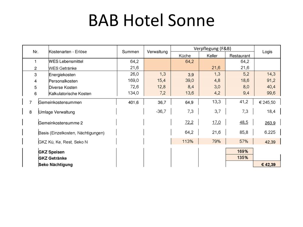 BAB Hotel Sonne Verpflegung (F&B) Nr. Kostenarten - Erlöse Summen