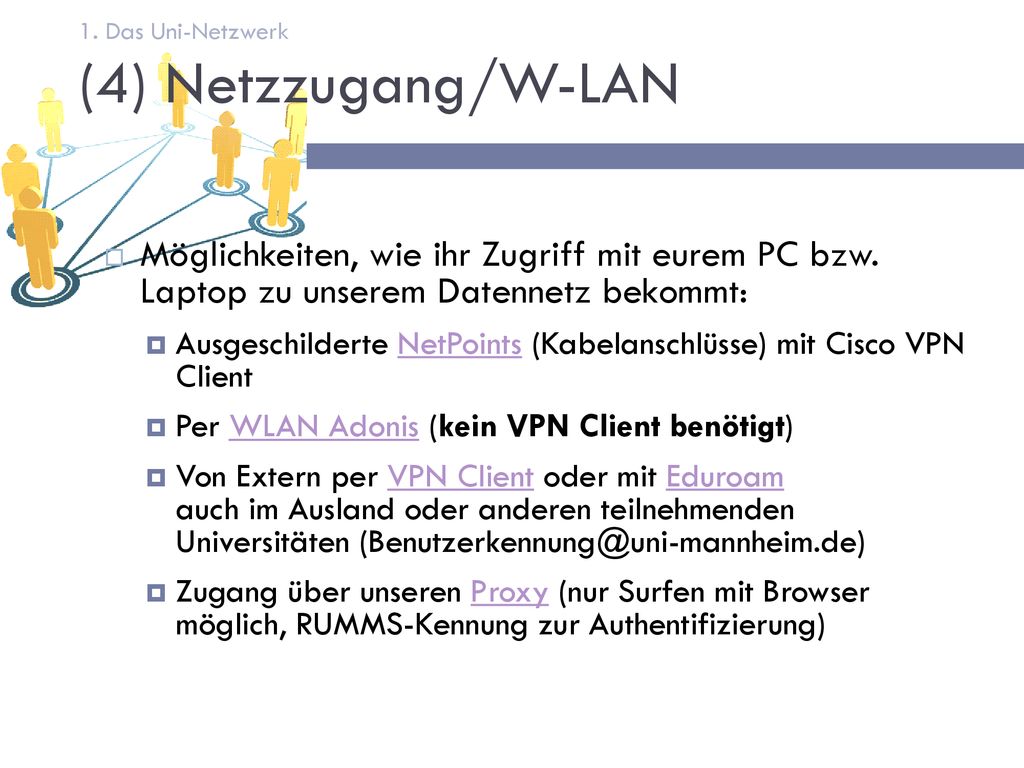 1. Das Uni-Netzwerk (4) Netzzugang/W-LAN. Möglichkeiten, wie ihr Zugriff mit eurem PC bzw. Laptop zu unserem Datennetz bekommt: