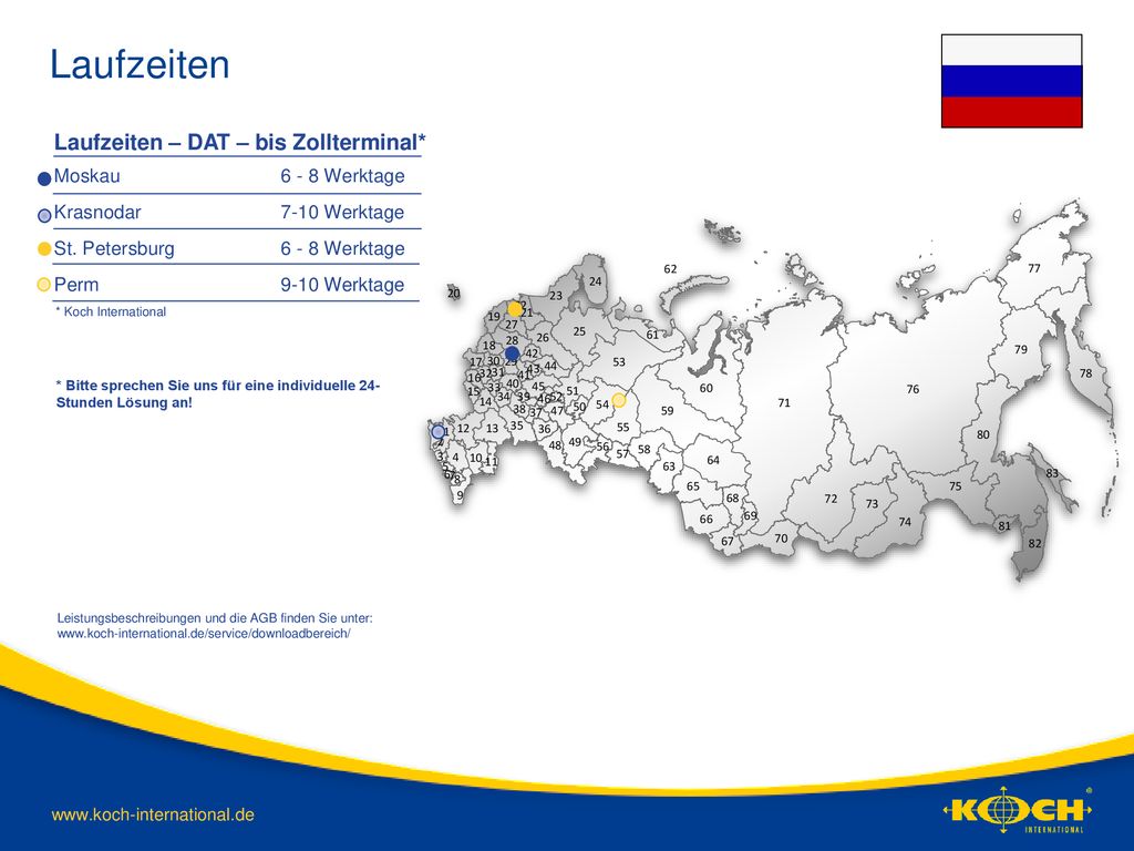 Laufzeiten Laufzeiten – DAT – bis Zollterminal* Moskau Werktage