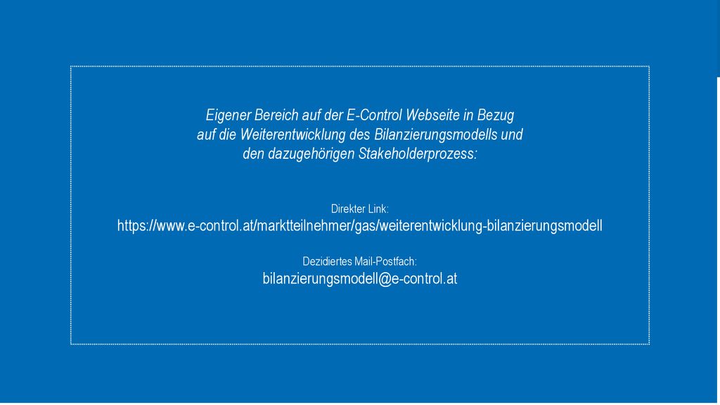 Eigener Bereich auf der E-Control Webseite in Bezug auf die Weiterentwicklung des Bilanzierungsmodells und den dazugehörigen Stakeholderprozess: