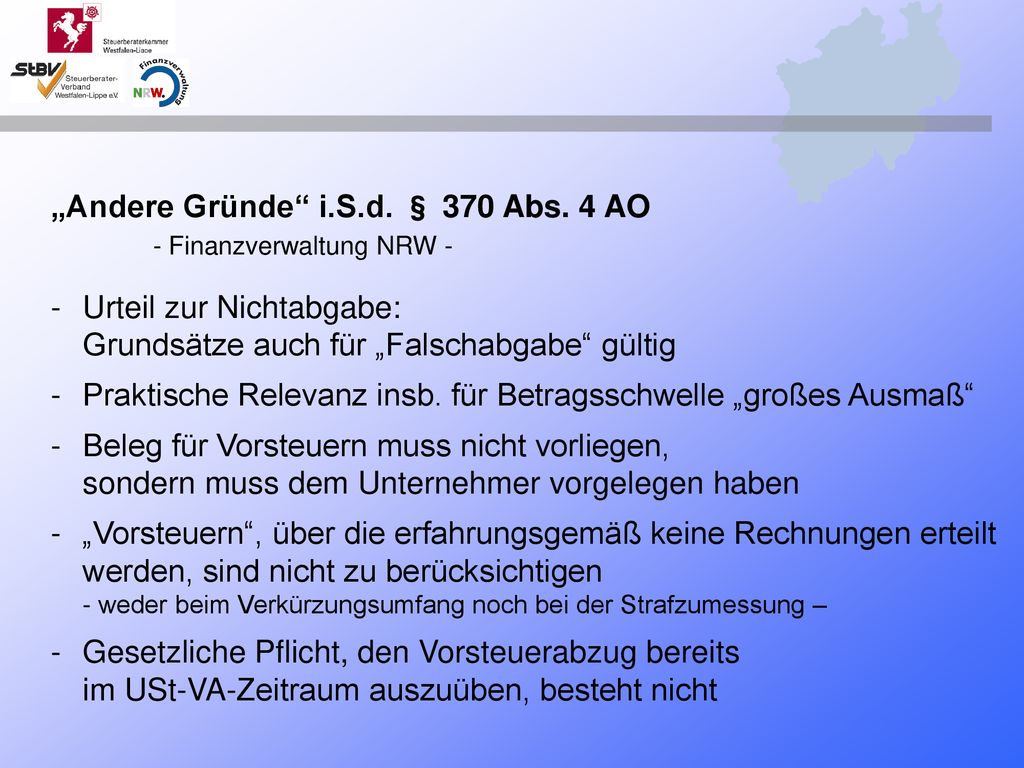 „Andere Gründe i.S.d. § 370 Abs. 4 AO - Finanzverwaltung NRW -