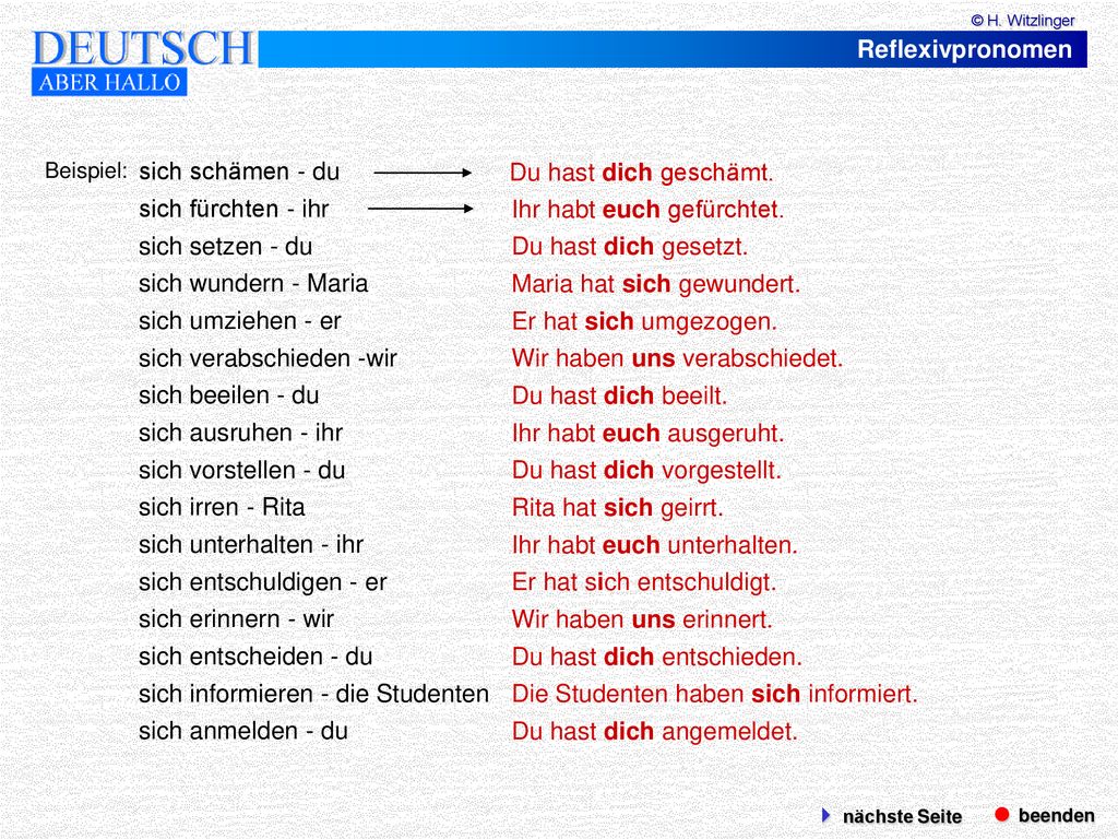 sich verabschieden -wir sich beeilen - du sich ausruhen - ihr
