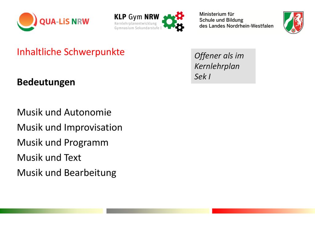 Inhaltliche Schwerpunkte Bedeutungen Musik und Autonomie Musik und Improvisation Musik und Programm Musik und Text Musik und Bearbeitung