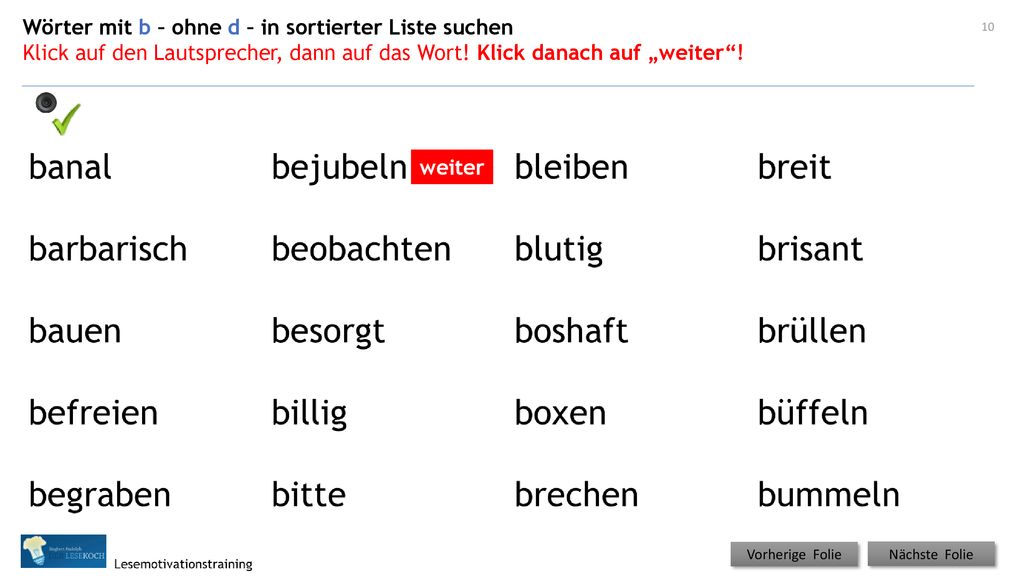 Wörter mit b – ohne d – in sortierter Liste suchen