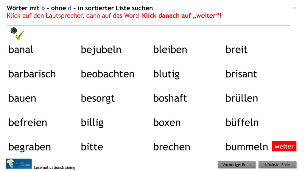 Wörter mit b – ohne d – in sortierter Liste suchen